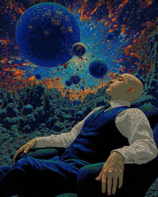 An artistic illustration shows a bald figure in a blue suit and white shirt reclining in a forest setting, looking up at a surreal sky filled with planets and colorful nebulas.