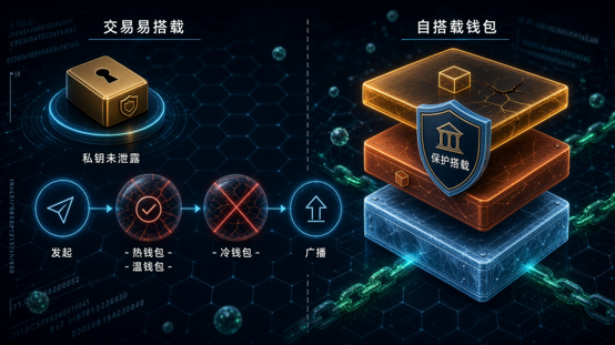 A digital illustration comparing two cryptocurrency wallet security models in Chinese: "交易易搭载" (transaction-hosted) on the left, showing private key exposure through hot/cold wallet transitions, versus "自搭载钱包" (self-hosted wallet) on the right, featuring layered secured vault stacks.