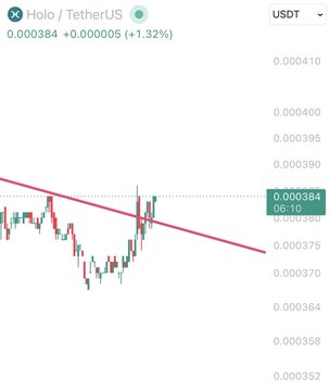The image shows a cryptocurrency chart for Holo (HOT) / TetherUS, indicating a price of 0.000384 USDT and a recent upward trend, supporting the idea of a "next leg up."