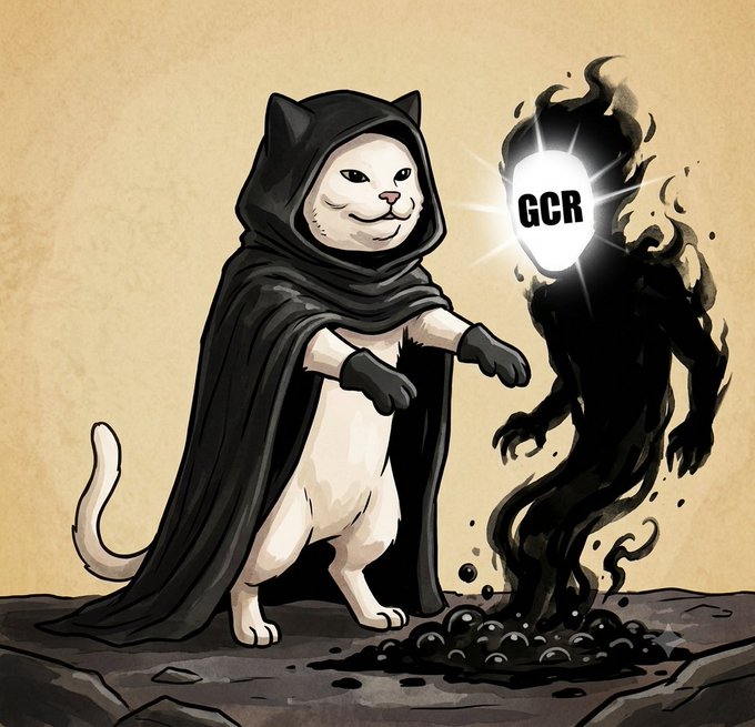 An illustrated image of a white cat wearing a dark hooded cloak, standing and casting a glowing spell labeled 'GCR' that banishes a shadowy figure.