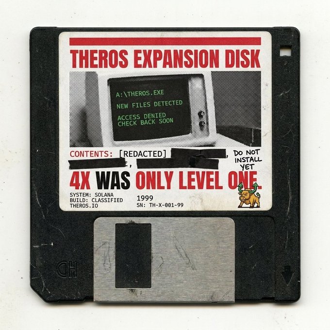 A weathered floppy disk labeled 'THEROS EXPANSION DISK' featuring a retro computer terminal display reading 'A:\THEROS.EXE NEW FILES DETECTED ACCESS DENIED CHECK BACK SOON' and '4X WAS ONLY LEVEL ONE,' marked with system info 'SOLANA, 1999, TH-X-001-99' and a warning 'DO NOT INSTALL YET.'