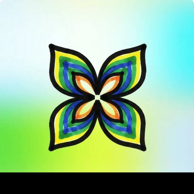 A painted symmetrical butterfly design in green, yellow, blue, orange, and black on a gradient green and blue background.