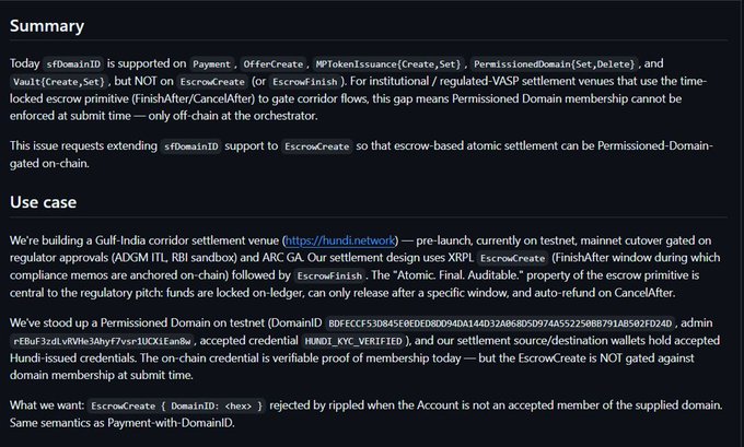 A technical document summary requesting that `sfDomainID` support be extended to `EscrowCreate` so that escrow-based atomic settlement can be Permitted-Domain-gated on-chain for a Gulf-India corridor settlement venue on the Hundi network.