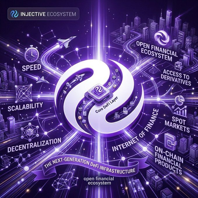 The image features a purple and white logo with a white circle containing a white square inside of it. The text "Injective" is written around the circle, and "open financial ecosystem" is written below it. The background of the image shows a city skyline, suggesting that the Injective platform might be related to finance or real estate.