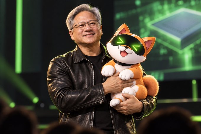 Nvidia CEO Jensen Huang smiles while holding an orange plush mascot wearing digital sunglasses at a tech event with green stage lighting.