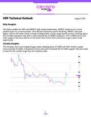 An 'XRP Technical Outlook' report from CoinSwitch dated August 29th, noting XRP and XRPUSD remaining relatively lower, showing a chart with bearish moving averages.