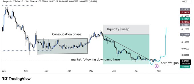 The image shows a DOGE/USDT daily chart on Binance displaying a downtrend from January to July 2026, highlighting a "Consolidation phase" (Feb-Apr), "market following downtrend here," and a "liquidity sweep" with price recently bouncing near $0.07 support. The annotated breakout arrow labeled "here we goo" projects upside targets toward the $0.12777-$0.14608 range, visually reinforcing the post's bullish thesis about holding $0.07 and breaking above $0.11 toward $0.13-$0.15.