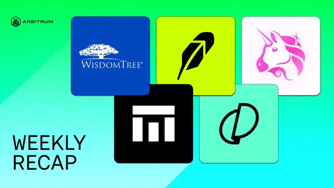 A green gradient "Weekly Recap" graphic featuring the Arbitrum logo and five project tiles (WisdomTree, Robinhood, Unicorn, a black-themed app, and a leaf icon) relates to the post by visually highlighting the diverse ecosystem partners—spanning tokenization (WisdomTree), trading (Robinhood), and DeFi apps—driving Arbitrum One's milestone of 7,400+ RWAs and 13M+ priority fee transactions.