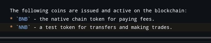The image displays a developer comment on a code repository listing the coins issued on the BNB blockchain: `BNB` (the native token for paying fees) and `NNB` (a test token for transfers and making trades). This directly supports the post's claim that NNB is a legitimate token with historical roots on BNB Chain, as it's officially referenced in the BNB Chain GitHub.