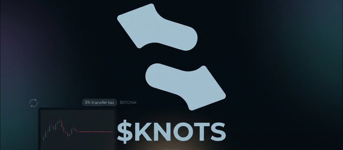 The image displays a stylized "K" logo in light blue with a stock chart graph in the lower-left, alongside text reading "3% transfer tax | $STONK" and "$KNOTS" prominently featured. It visually represents the $KNOTS token launched via the StonkFun Launchpad on Solana, complementing the post's point about its economic mechanism.