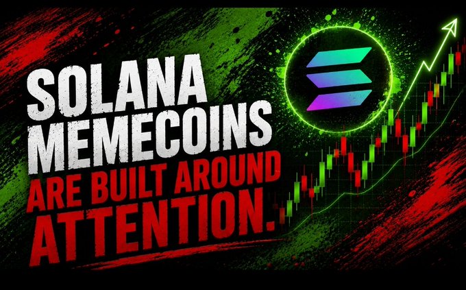 A bold graphic with the text "SOLANA MEMECOINS ARE BUILT AROUND ATTENTION." displayed alongside a green Solana logo and a candlestick chart with an upward arrow, visually reinforcing the post's message about the attention-driven, cyclical nature of Solana memecoins and how $NORMIE aims to break that pattern.