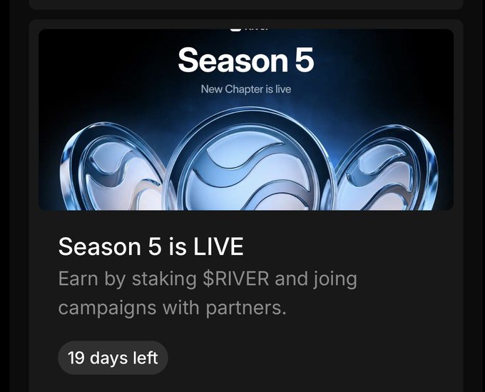 The image shows a poster for Season 5 of "gRiver @ RiverdotInc" which is an online streaming platform that allows creators to showcase their work directly to viewers without the need for a traditional distribution network. The poster features three blue circles with white swirls, and it says "Season 5 is Live". The poster also includes information about how to earn money by staking $RIVER and joining campaigns with partners.