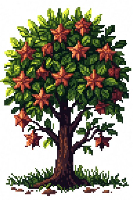 A pixel-art illustration of a flourishing tree adorned with vibrant red star-shaped fruits and lush green foliage, rooted in a bed of grass. The image ties to the post's "FamiTree" theme, symbolizing growth and community without centralized control, complemented by the $MfT ticker.