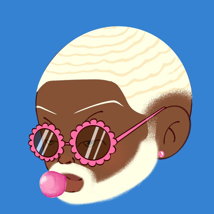 A stylized digital portrait of an older person with white hair, a beard, and a pearl earring, blowing a pink bubblegum bubble while wearing pink flower-shaped sunglasses against a blue background.
