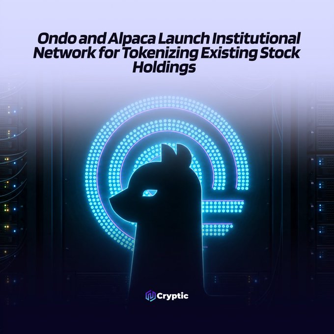 The image displays the headline "Ondo and Alpaca Launch Institutional Network for Tokenizing Existing Stock Holdings" above a stylized graphic of an alpaca silhouette set against glowing blue circular patterns, visually tying to the announcement that Ondo and AlpacaHQ are enabling approved institutions to mint tokenized stocks and ETFs directly from their existing share holdings.