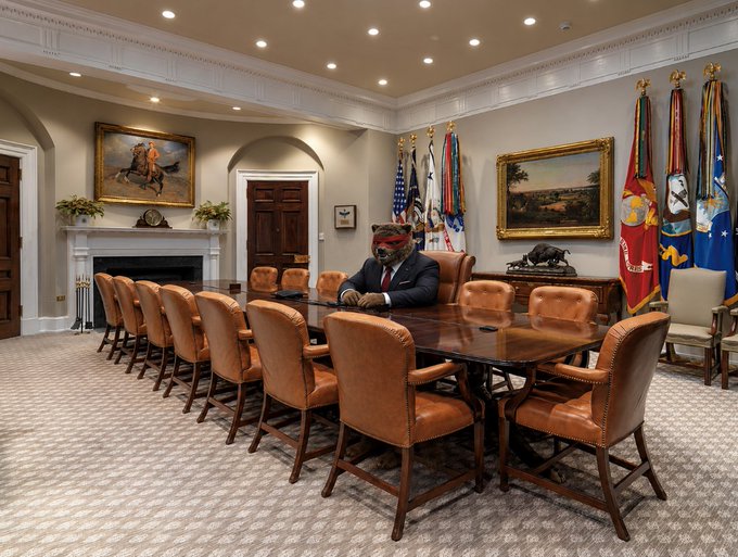 A bear wearing a suit and red tie sits alone at a long conference table in an ornate government meeting room, with the post suggesting this is a humorous depiction of today's White House crypto meeting between Trump and Brad Garlinghouse in the Roosevelt Room.