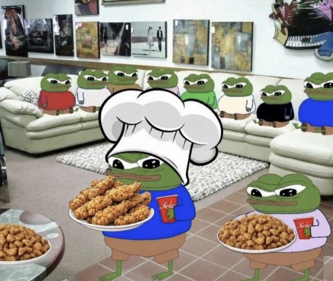A meme featuring multiple Pepe the Frog characters sitting on couches in a living room, with chef Pepe and another Pepe holding plates of KFC chicken.