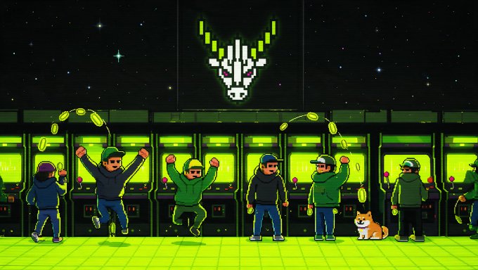 A pixel art illustration showing characters in hoodies and caps celebrating in front of green-lit ATM/crypto machines with a skull logo overhead, set against a starry night sky, with a Shiba Inu dog in the foreground.