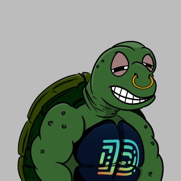 A cartoon illustration of a muscular, anthropomorphic turtle with a sly grin wearing a dark blue tank top featuring a neon green and pink logo.