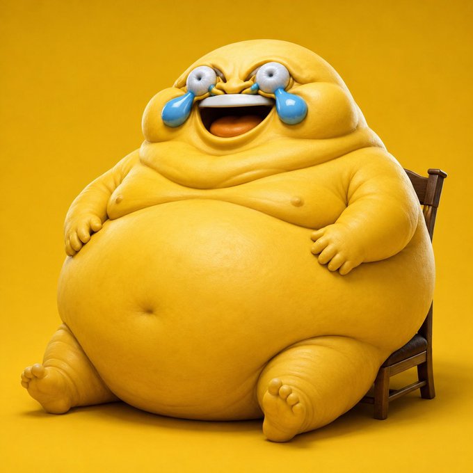 A 3D-rendered, heavyset yellow cartoon character sits on a small wooden chair, laughing hysterically with tears streaming down its face, perfectly capturing the smug, mocking energy of a trader celebrating their gains at the expense of disbelieving skeptics.