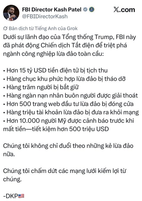 A social media post from FBI Director Kash Patel (@FBIDirectorKash) translated to Vietnamese, announcing 'Operation Takedown' to dismantle global fraud operations under President Trump's leadership.