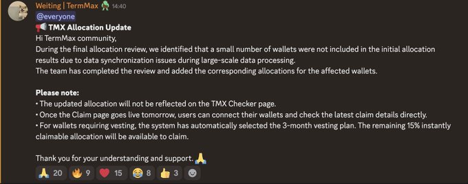 An announcement from @everyone at TermMax ($TMX) explains that wallets missed in the initial allocation due to data sync issues have now received their tokens, though the TMX Checker page won't reflect this update until tomorrow when vesting claims open.
