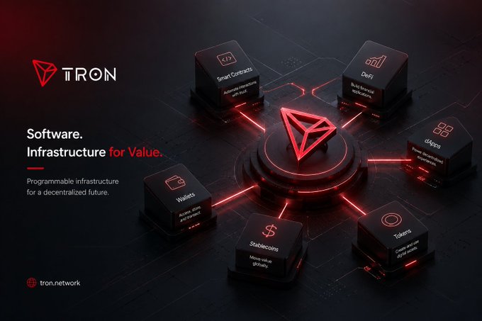 Promotional graphic for the TRON network with the text 'Software. Infrastructure for Value.' and 'Programmable infrastructure for a decentralized future,' featuring floating dark cubes labeled 'Smart Contracts,' 'DeFi,' 'dApps,' 'Wallets,' 'Stablecoins,' and 'Tokens.'