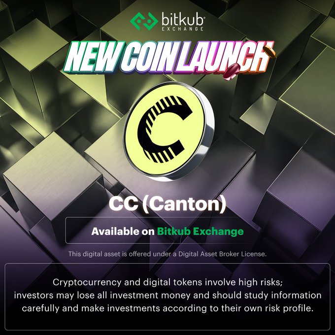 A Bitkub Exchange promotional graphic announces the launch of **CC (Canton)**, featuring a large 3D coin with a stylized "C" logo set against a geometric cube background. The image aligns with the post's announcement of $CC now being available for trading on the Bitkub platform.