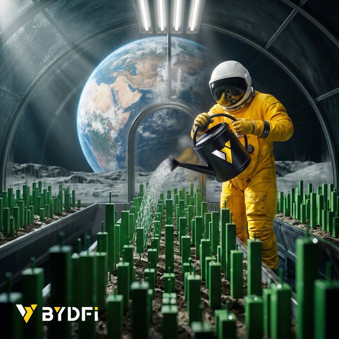 An astronaut in a yellow hazmat suit waters rows of green candles like crops in a lunar greenhouse, with Earth visible through the dome, and the "BYDFi" logo displayed in the corner. The image visualizes the post's message about patient, consistent effort—symbolically nurturing bullish green "candlesticks" through daily dedication rather than seeking instant results.