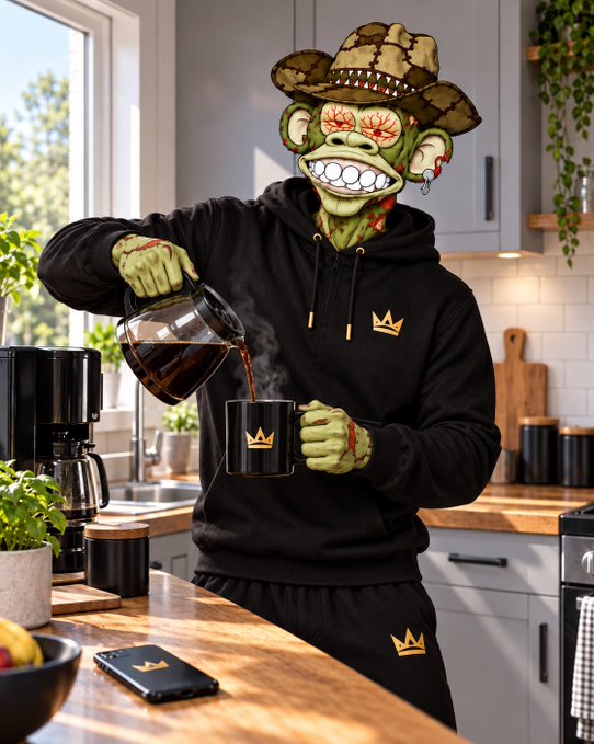 An illustration of a character with a wide grinning mouth, red eyes, and a cowboy hat pouring steaming coffee from a glass carafe into a black mug in a bright kitchen.