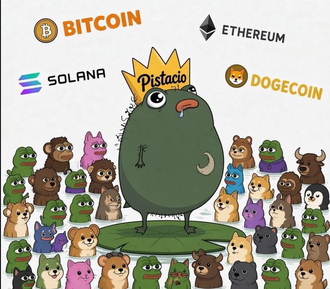 The image features a cartoon pistachio character wearing a crown, surrounded by Pepe the Frog and other animal meme coins, with logos for BITCOIN, ETHEREUM, SOLANA, and DOGECOIN displayed at the top. The visual illustrates the post's message about leaving the $PISTACIO community ("Should've stayed with the community man, don't bother buying back in"), with the crowned pistachio symbolizing those who remained loyal while others abandoned the meme coin project.