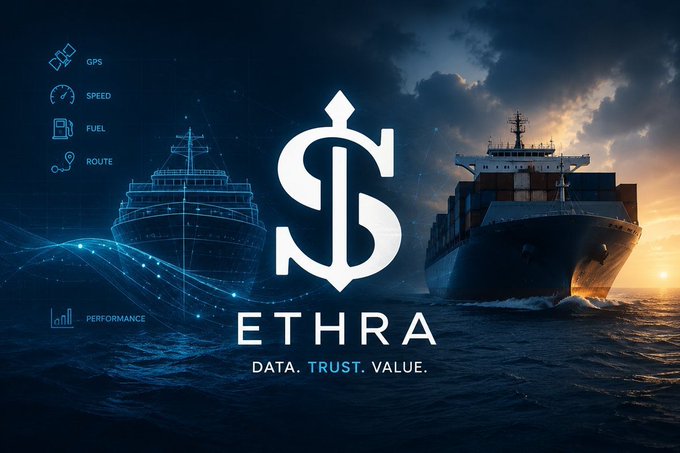 A promotional banner for 'ETHRA' featuring a stylized 'S' logo, a digital wireframe ship with metrics (GPS, SPEED, FUEL, ROUTE, PERFORMANCE), and a large cargo ship on the ocean at sunset, with the tagline 'DATA. TRUST. VALUE.'