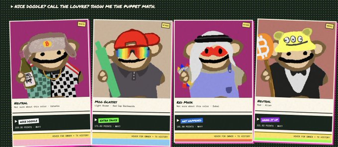 Four NFT-style cartoon monkey character cards labeled 'NEUTRAL', 'MOOG QUARTET', 'RED MASK', and 'NEUTRAL', displayed against a colorful striped background with the text 'NICE DOODLE? CALL THE LOUVRE? SHOW ME THE PUPPET MATH!'