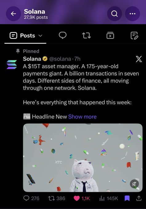 A screenshot of Solana's X profile showing a pinned post celebrating milestones like a $15T asset manager and a billion transactions in seven days, accompanied by an animated video featuring a white cat mascot amid floating icons. The image relates to the post by highlighting $KET's prominent feature in the Solana promotion as the "favorite cat coin on Solana."