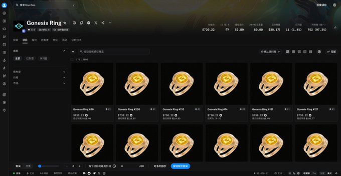 The image shows a marketplace interface for "Genesis Ring" NFTs, displaying 717-719% return rates with prices around $2,600-$2,900 and trading volume of $39.17K, featuring gold ring collectibles numbered #126-#133. The post suggests this NFT platform may be connected to an alleged Ponzi scheme run by Yang Yihui and Ling Ziang through Hangzhou Lianfang Technology, potentially illustrating the type of fraudulent NFT issuance mentioned in the scam allegations.