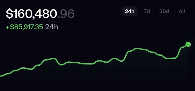 The image displays a financial chart showing $160,480.96 with a 24-hour gain of +$85,917.35, featuring an upward-trending green line graph over the "24h" timeframe. This visually supports the post's claim of growing a $5k investment to $160k (Day 9), illustrating the dramatic wealth-building success being promoted on WeeklyWizdom.com.