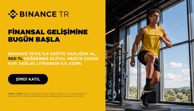 A Binance TR advertisement banner with a yellow background on the left displays the "BINANCE TR" logo, the headline "FİNANSAL GELİŞİMİNE BUGÜN BAŞLA," an offer for new users to receive a 900 TL digital gift voucher ("900 TL DEĞERİNDE DİJİTAL HEDİYE ÇEKİNİ KAP. SAĞLIKLI FİNANSIN İLK ADIMI."), and a "ŞİMDİ KATIL" call-to-action button. On the right, a man wearing a yellow Binance TR tank top is shown doing high-knee exercises in a gym, visually representing the active, fitness-inspired theme of "shaping your future."