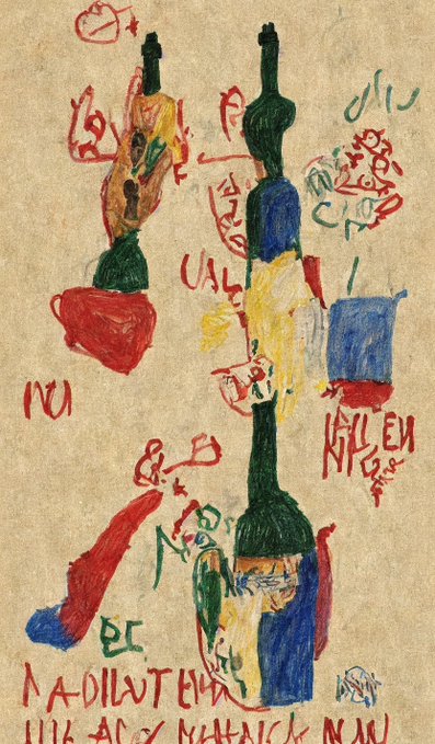An abstract, colorful painting featuring several bottle-like figures and scattered text and symbols in red, yellow, blue, and green on a beige background.
