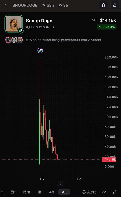 A mobile screenshot shows a cryptocurrency chart for 'Snoop Doge' (AJBG.pump) with a market cap of $14.16K and a 239.0% increase, displayed on a trading platform.
