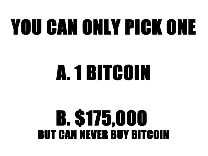 A text-based meme posing a choice: 'YOU CAN ONLY PICK ONE' between 'A. 1 BITCOIN' or 'B. $175,000 BUT CAN NEVER BUY BITCOIN'.
