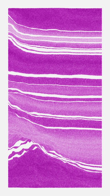 An abstract artwork featuring horizontal wavy bands of magenta and white, resembling layers of watercolor or geological strata on a white background.