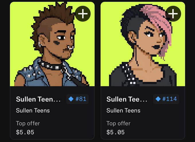 A digital interface displaying two pixel art character profile cards labeled "Sullen Teen..." numbered #81 and #114 from the "Sullen Teens" collection, both with top offers of $5.05.