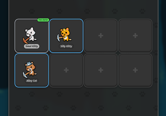 A character selection screen displays three cat-themed NFT options—"Smol Kitty" (marked "Free Starter"), "Silly Kitty," and "Alley Cat"—with the remaining slots empty, suggesting the start of a new game on Robinhood's app chain.
