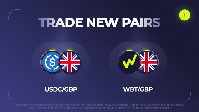 The image is a promotional graphic titled "TRADE NEW PAIRS" with a dark blue background, highlighting two new cryptocurrency trading pairs: USDC/GBP and WBT/GBP, each represented by circular icons showing the respective ticker logos alongside the British flag. This visual reinforces the announcement of the newly available spot market trading pairs on WhiteBit.