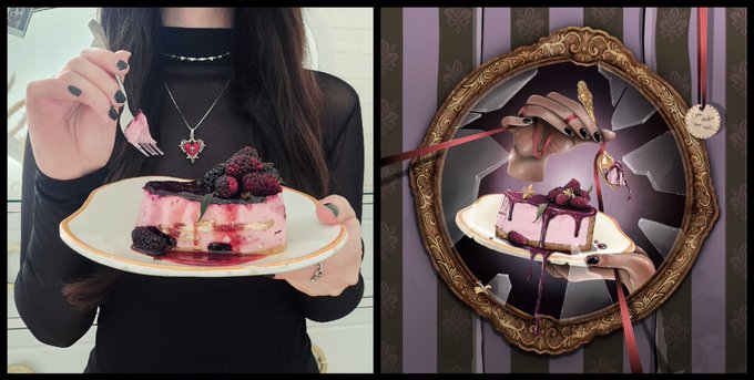 A person in black with a heart necklace holds a Mulberry cheesecake topped with blackberries, paired with a framed fantasy art piece showing a hand reaching through a mirror with a similar berry-topped cake inside. The accompanying post announces the sale of the artwork "Love's Taste" and celebrates with the real-life dessert shown on the left.