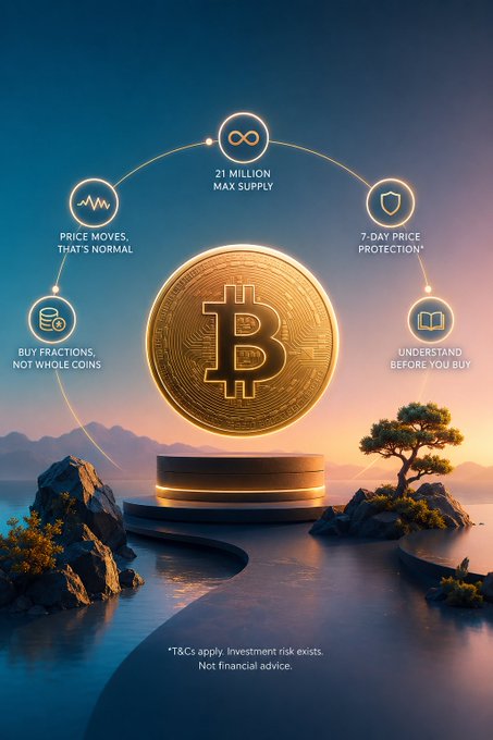 A golden Bitcoin coin is prominently displayed at the center of the image, surrounded by five informational icons highlighting key basics: "21 MILLION MAX SUPPLY," "PRICE MOVES, THAT'S NORMAL," "7-DAY PRICE PROTECTION*," "BUY FRACTIONS, NOT WHOLE COINS," and "UNDERSTAND BEFORE YOU BUY," with a disclaimer noting "*T&Cs apply. Investment risk exists. Not financial advice."

The image visually reinforces the post's message by framing Bitcoin around the foundational concept of its hard-capped 21 million coin supply, presenting the core basics that beginners should understand before their first purchase.