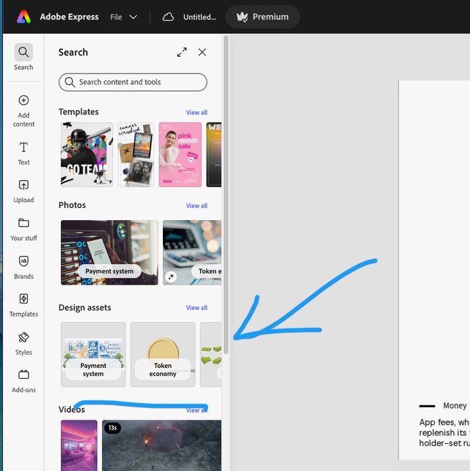 A screenshot of the Adobe Express interface shows design assets like 'Payment system' and 'Token economy' templates, with a hand-drawn blue arrow pointing toward the design canvas.