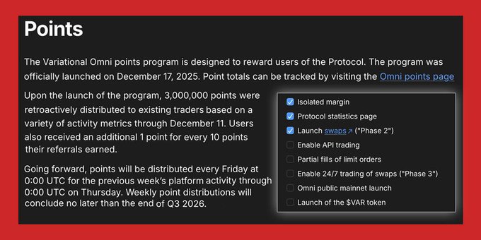 An informational page about the 'Variational Omni points program' for the Protocol, launched December 17, 2025, detailing point distribution rules, weekly Friday distributions, and a checklist of features including isolated margin, API trading, and $VAR token launch.