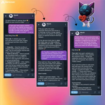 The image displays three chat screenshots from "Mochi," an AI assistant, discussing how GenLayer validators would judge a post's originality, including criteria like topic clarity, depth, relevance, and engagement signals. A cute cat mascot with a strawberry appears in the top right corner of the pink and orange gradient background.