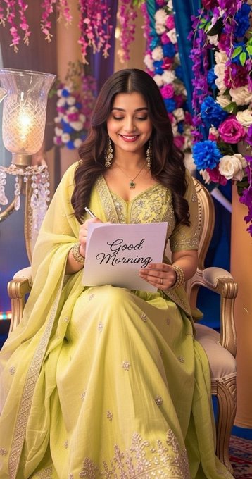 A woman in a yellow traditional outfit smiles while holding a "Good Morning" sign, fitting the cheerful morning greeting in the post celebrating her progress in the $RIVER community rankings.